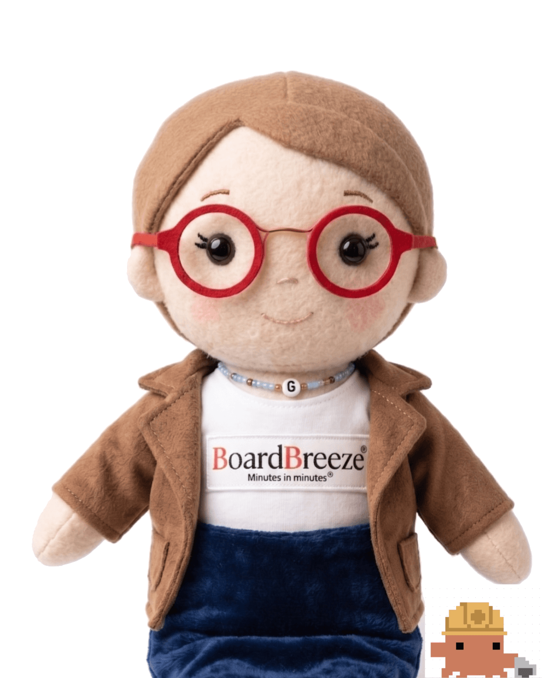 BoardBreeze mascot — plush doll with red glasses wearing a BoardBreeze Minutes in Minutes t-shirt